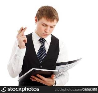 Man writing something in a folder. Isolated over white.