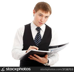 Man writing something in a folder. Isolated over white.