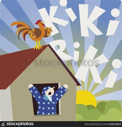 Man yawning in a window and a rooster crowing on the roof
