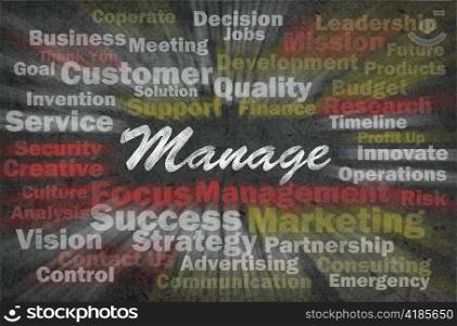 Manage concept with business related words on retro background