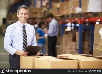 Manager In Warehouse Checking Boxes