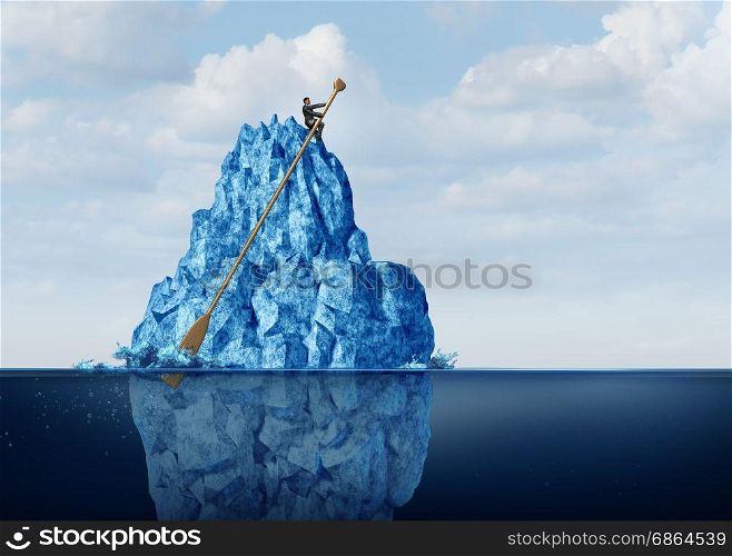 Managing business obstacles and controlling economic risk and challenges as a businessman on an iceberg with an oar navigating the danger away to prevent disaster or climate change idea with 3D illustration elements.