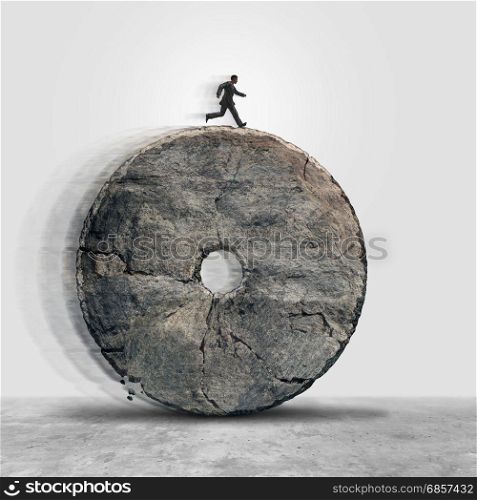Managing obsolete technology and working on an outdated antiquated business model as a businessman running on a stone wheel as a lack of innovation metaphor in a 3D illustration style.