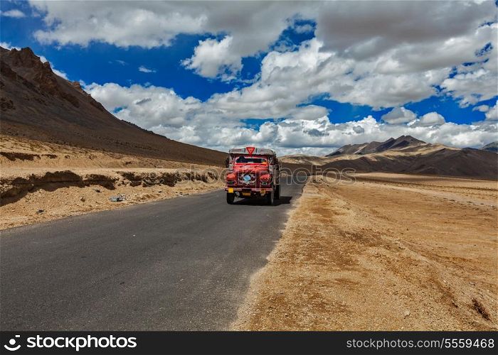Manali-Leh road in Indian Himalayas with lorry. More plains, Ladakh, India