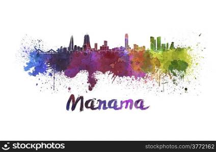 Manama skyline in watercolor splatters with clipping path. Manama skyline in watercolor