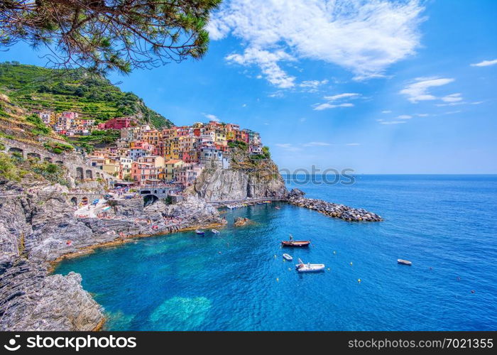 Manarola, Cinque Terre - July 9, 2018:. Manarola is a beautiful small town in the province of La Spezia, Liguria, north of Italy and one of the five Cinque terre travel attractions to tourists.