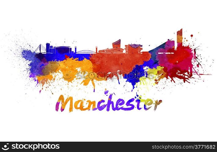 Manchester skyline in watercolor splatters with clipping path. Manchester skyline in watercolor