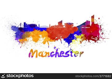 Manchester skyline in watercolor splatters with clipping path. Manchester skyline in watercolor