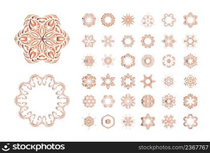 Mandala art set. Ornamental round lace design. Orange floral pattern isolated on white background