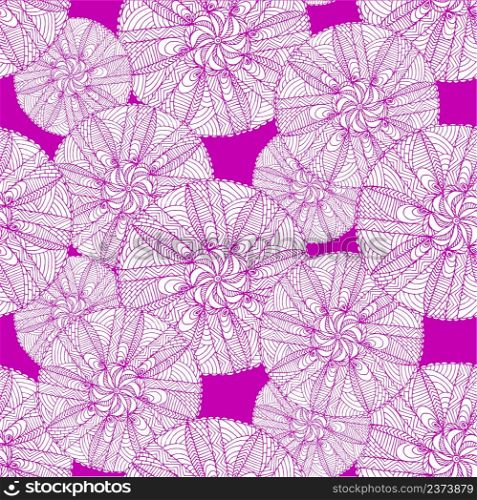 Mandala hand drawn white outline on violet seamless pattern art design stock vector illustration