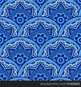 Mandalla seamless pattern tiles vector abstarct background. Abstract blue geometric print. Seamless vector pattern mandala ornament. Vintage decorative tiled design