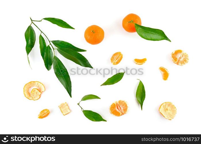 Mandarin fruit, leaves, peel isolated on white background. Top view.