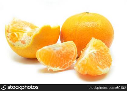 Mandarin oranges with segments, isolated on white background