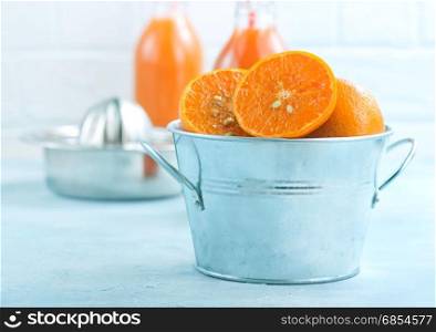 mandarins in metal bowl and on a table