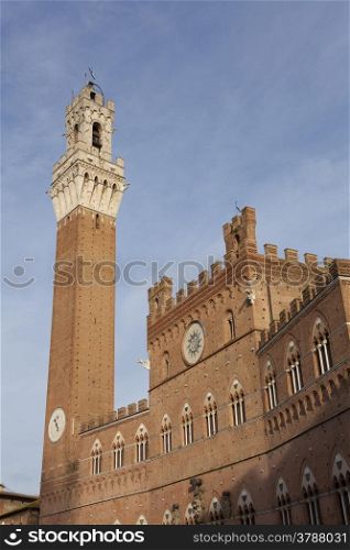 Mangia tower, Palazzo Pubblico town hall, Piazza del Campo, Siena, Tuscany, Italy