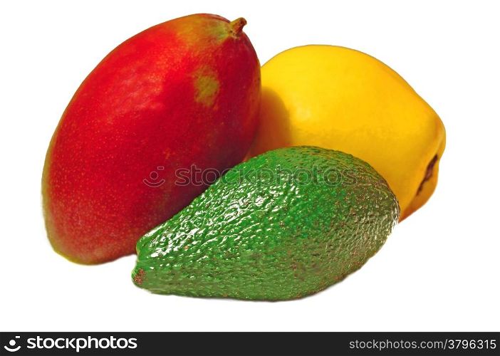 Mango, avocado and yellow quince isolated on white background
