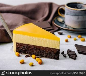Mango cheesecake slice on plate with tea