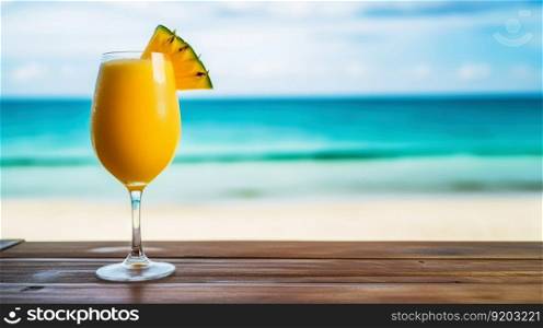 Mango Daiquiri cocktail on background with blue sea and sky tropical background. Generative AI.. Mango Daiquiri cocktail on background with blue sea and sky tropical background. Generative AI
