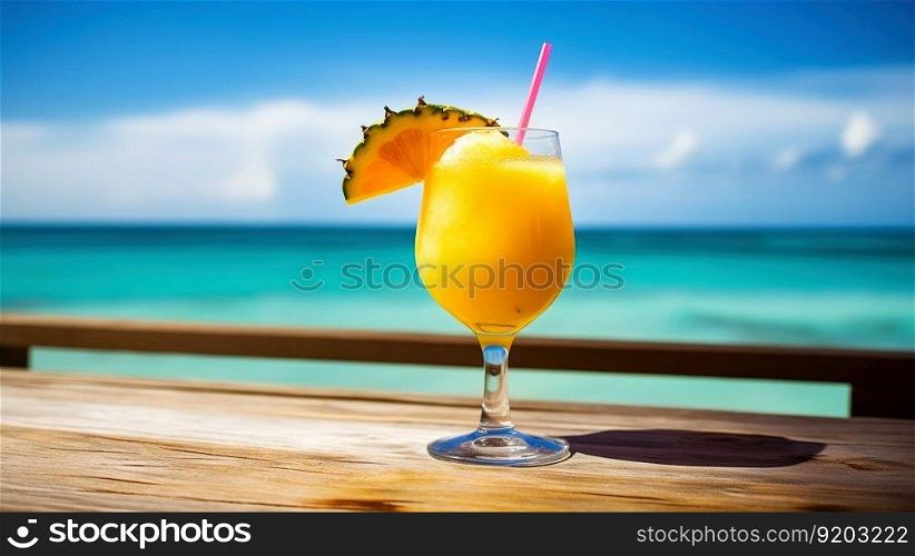 Mango Daiquiri cocktail on background with blue sea and sky tropical background. Generative AI.. Mango Daiquiri cocktail on background with blue sea and sky tropical background. Generative AI
