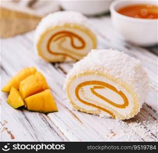 Mango fruit cake with tea for gourmet dessert
