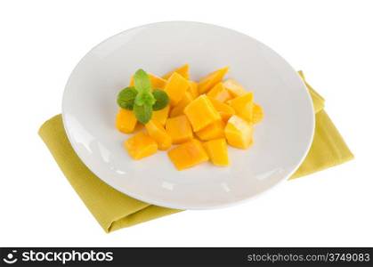 Mango fruit on white plate on white background.