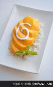 Mango & Sticky Rice. Traditional Thai dessert made with glutinous rice, fresh mango and coconut milk