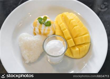 Mango with sticky rice and ice cream