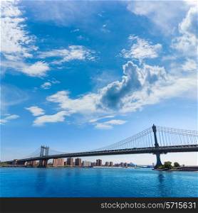 Manhattan Bridge and skyline from Brooklyn New York city US