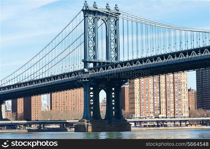 Manhattan Bridge and skyline view from Brooklyn in New York City