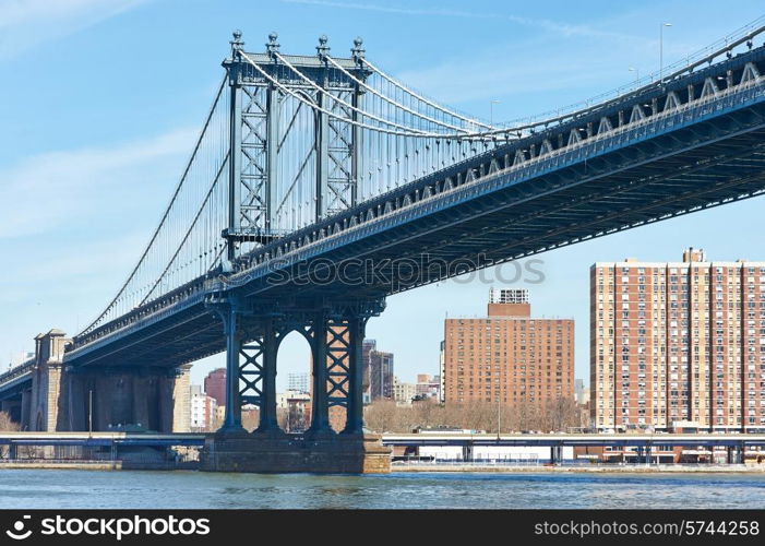 Manhattan Bridge and skyline view from Brooklyn in New York City