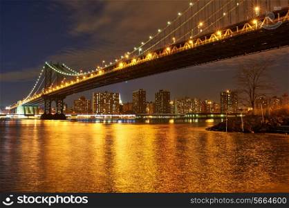 Manhattan Bridge and skyline view from Brooklyn in New York City at night