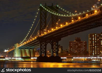 Manhattan Bridge and skyline view from Brooklyn in New York City at night