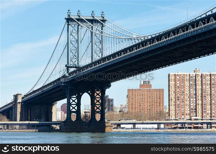 Manhattan Bridge and skyline view in New York City