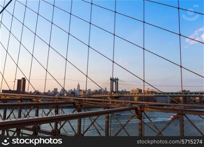 Manhattan Bridge from Brooklyn bridge New York City skyline USA