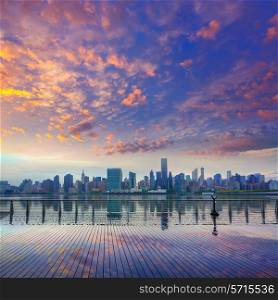 Manhattan New York skyline at sunset from East River dusk USA