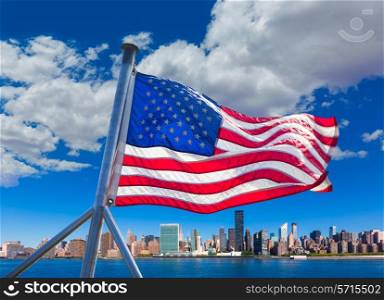 Manhattan New York sunny skyline East River NYC american flag photomount