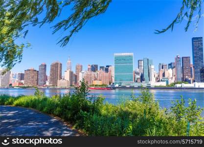 Manhattan New York sunny skyline from green park plants East River NYC USA