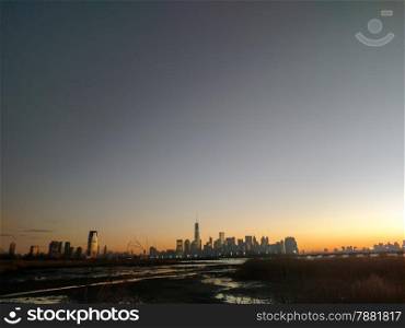 Manhattan panorama at sunrise, as viewed from Jersey City across the Hudson river