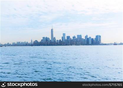 Manhattan skyline New York from Liberty Island US USA