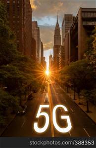 Manhattanhenge provides background for 5G wireless technology in New York City USA. Concept for 5G mobile internet in New York city