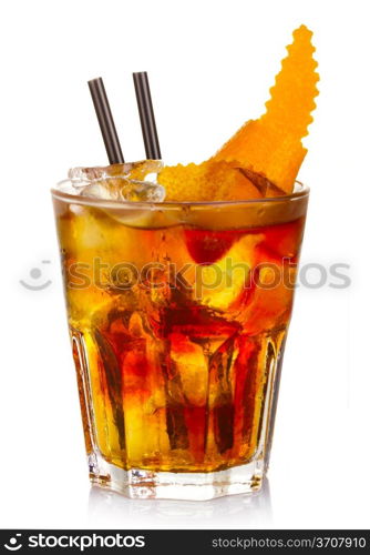 Manhatten alcohol cocktail with orange fruit rind isolated on white background