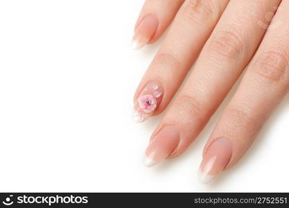 Manicure isolated on white. Well-groomed female hands with a decorative element - a flower