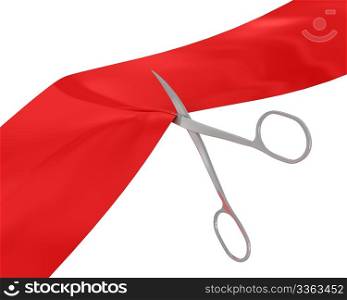 Manicure scissors cut the red ribbon isolated on white background