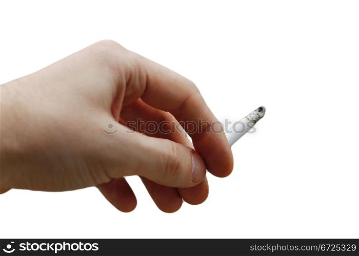 Mans hand hold a cigarette with a ash isolated