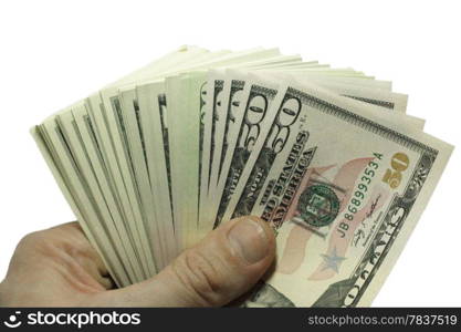 Mans hand holding a stacks of paper dollars USA on the white background