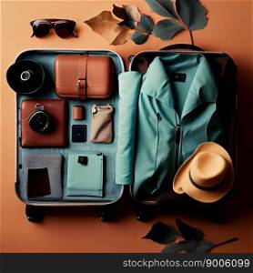 Mans Hand luggage with sunglasses, slippers, retro camera and dress on white background. Flat lay, top view travel vacation fashion composition. Ai generative. Hand luggage with sunglasses, slippers, retro camera and dress on white background. Flat lay, top view travel vacation fashion composition.
