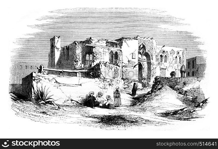 Mansoura house in which St. Louis was held prisoner, vintage engraved illustration. Magasin Pittoresque 1844.
