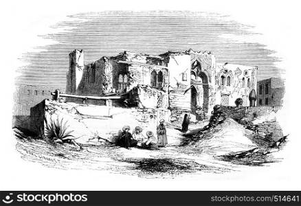 Mansoura house in which St. Louis was held prisoner, vintage engraved illustration. Magasin Pittoresque 1844.