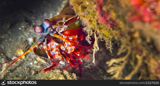 Mantis Shrimp, Peacock Mantis, Odomodactylus scylla, Coral Reef, Lembeh, North Sulawesi, Indonesia, Asia