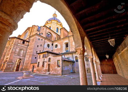 Mantova city cathedral and arches view, European capital of culture and UNESCO world heritage site, Lombardy region of Italy